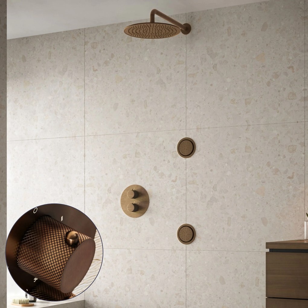 Saniclear Antique Curved inbouw regendouche 30cm met ronde massagejets en muurarm verouderd messing