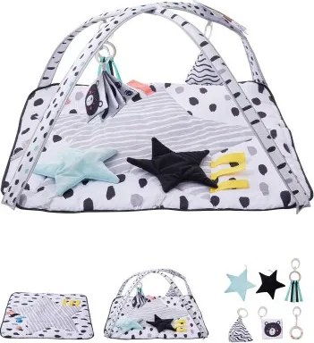 VEVOR Speelmat 875x875x440 mm, Activiteitenmat met 6 sensorische speeltjes, 2 voelballen en zachte stof voor de ontwikkeling van sensorische en motorische vaardigheden, voor kinderen van 0-18 maanden