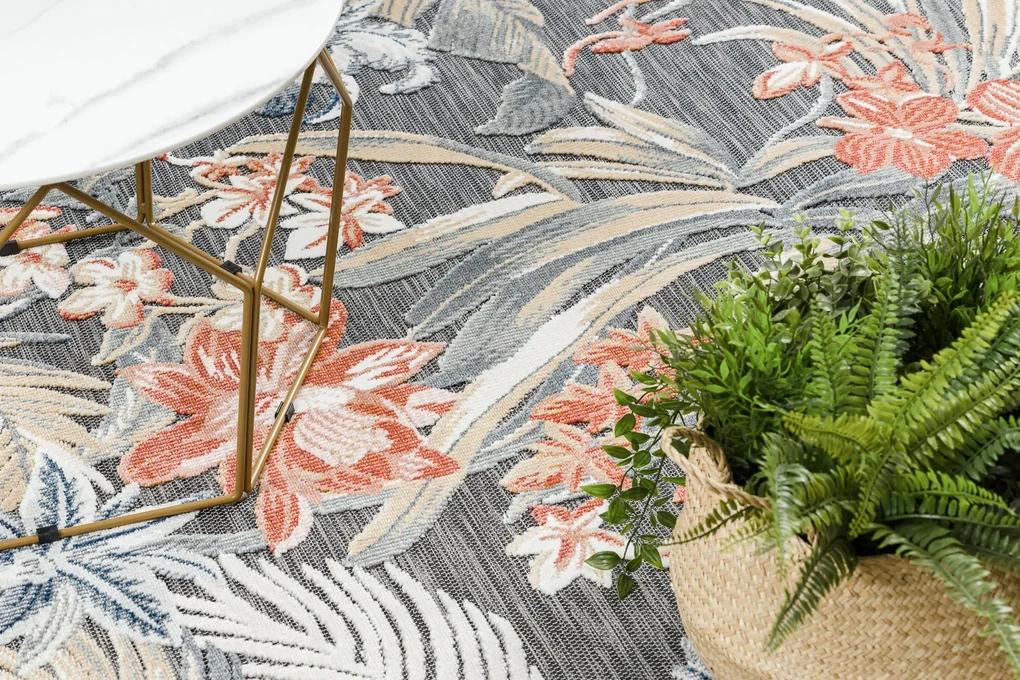 Tapijt Structural BOTANIC 65262 bloemen, plat geweven op het balkon, terras - zwart