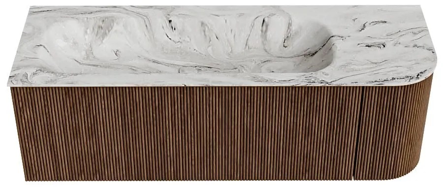 Mondiaz Kurve-dlux 135cm badmeubel ronding rechts walnut met 1 lade en deur en wastafel big medium kraangat links glace