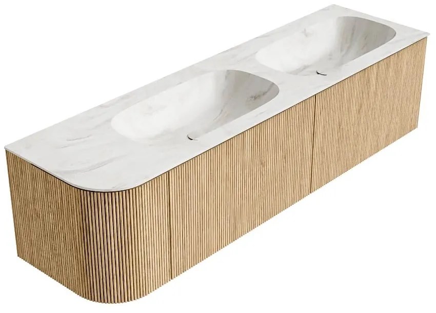 Mondiaz Kurve-dlux 165cm badmeubel ronding links oak met 2 lades en 1 deur en wastafel stor small dubbel/rechts zonder kraangat ostra