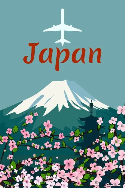Ilustratie Travel poster mount Fuji Japan retro, VectorUp