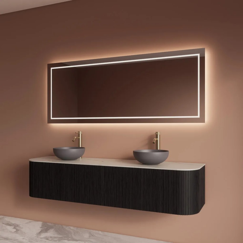 Gliss Design Alluro badmeubel ribbelfront met ronding links/rechts 180cm black en wit marmer toppaneel