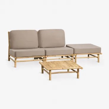 Tuinset Met 2-delige Modulaire Bank, Poef En Vierkante Salontafel 75x75 Cm Van Bamboe Isendra Mokka Bruine Stof - Sklum