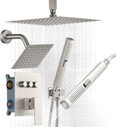 VEVOR Douchesysteemset inclusief 10 inch regendouchesysteem / 6 inch wandmontagekop / 2-in-1 handdouche, draaibare dubbele regenkop (3 functies), messing klep en afwerkingsset, geborsteld nikkel