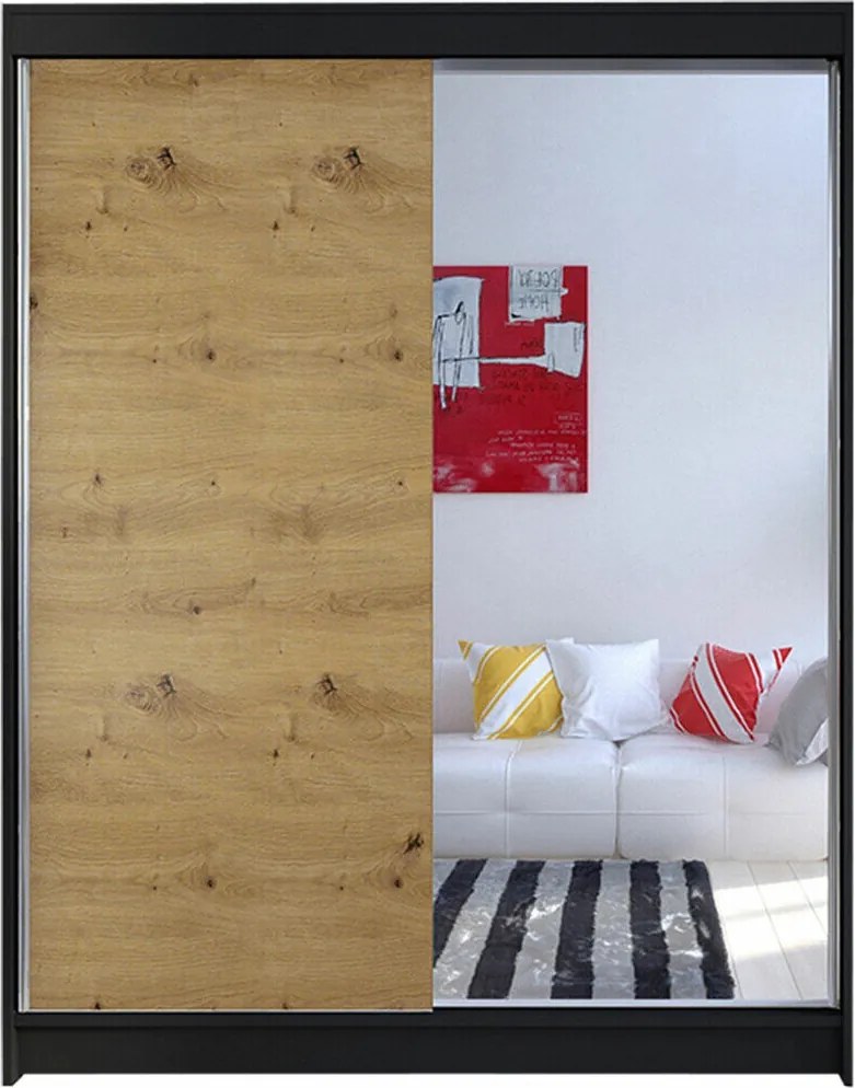 Kledingkast Closico Vastor I, Artisan eiken, Zwart, 200x150x58cm, 125 kg, Kledingkast deuren: Schuivend, Aantal planken: 5, Aantal planken: 5