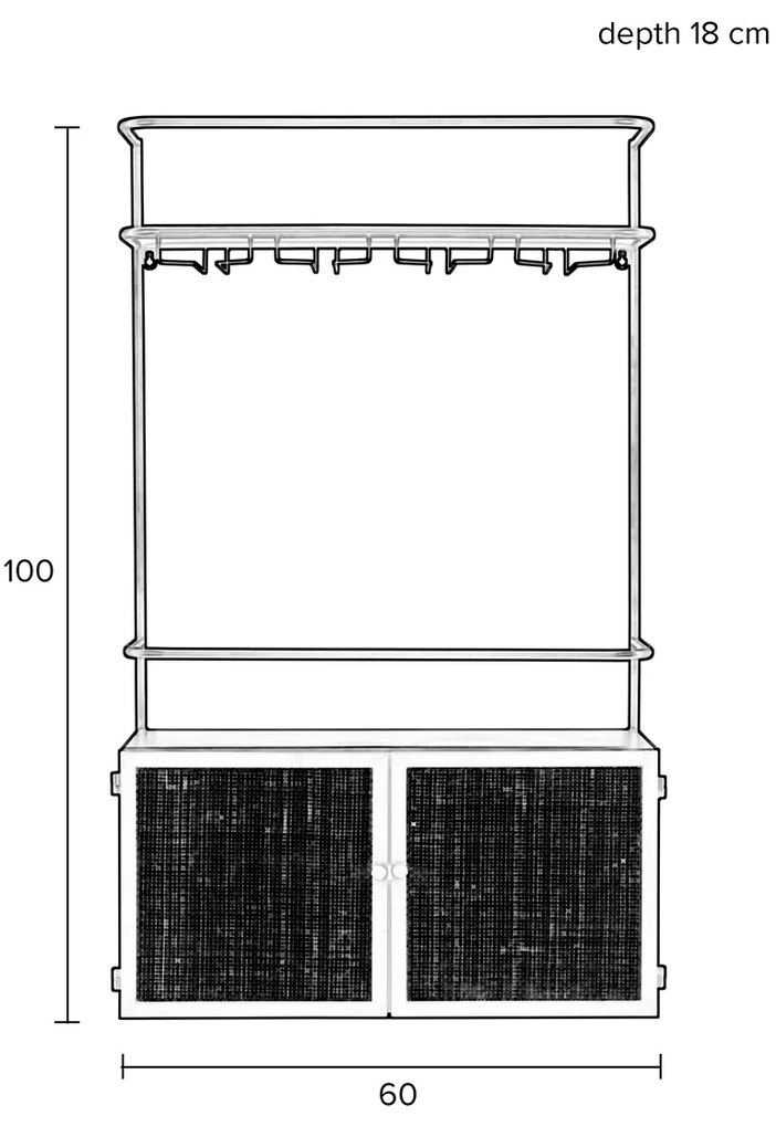Muur Wijnrek Zwart Met Rotan - 60x18x100cm.