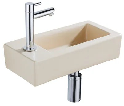 QeramiQ Fuente Fonteinset - 37.5x18.5x9cm - keramiek - kraangat links - fonteinkraan chroom - afvoerplug - verlaagd sifon - Mat Beige SW1122452/SW696209/SW696219/SW696234