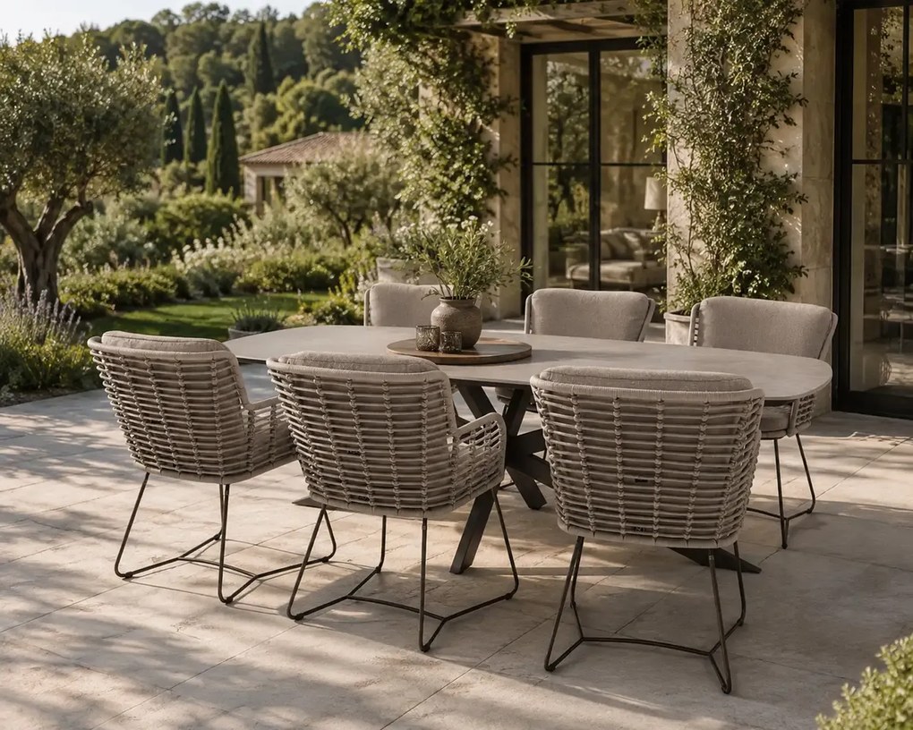 4 Seasons Outdoor Fabrice tuinset terre met Prado tafel met keramisch blad in barrelvorm 240 x 105 cm SALE Tuinset bruin weerbestendig