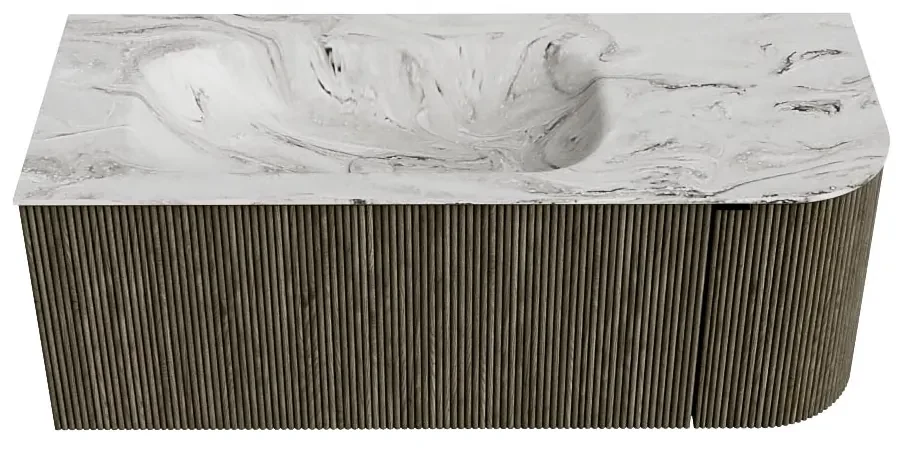 Mondiaz Kurve-dlux 115cm badmeubel ronding rechts shadow met 1 lade en deur en wastafel big small kraangat links glace