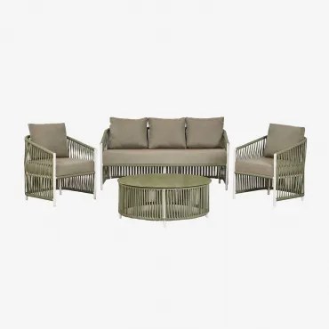 Tuinset Met Een 2-zitsbank, 2 Fauteuils En Salontafels Van Aluminium En Sophie Gevlochten Touw. Leger Groen – Koel - Sklum