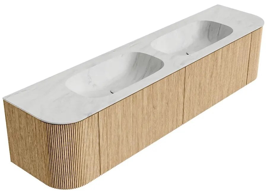 Mondiaz Kurve-dlux 190cm badmeubel ronding links/rechts oak met 2 lades en deuren en wastafel stor small dubbel zonder kraangat opalo