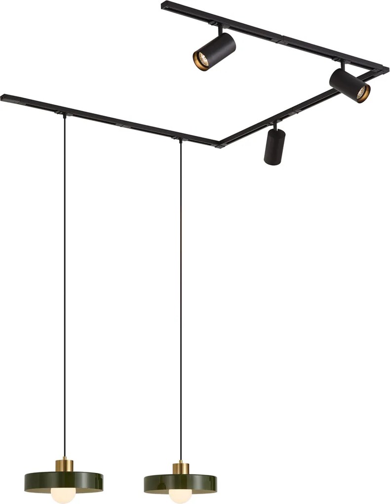 Modern railsysteem zwart met 2 hanglampen groen en 3 spots 1-fase - Iconic Jeana Luxe Jina