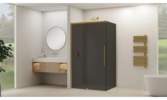 Van Rijn Products ST09 Schuifdeur tbv hoekcabine - 180x200cm - grijs rookglas - soft-close - Messing Geborsteld ST09350180GRSB