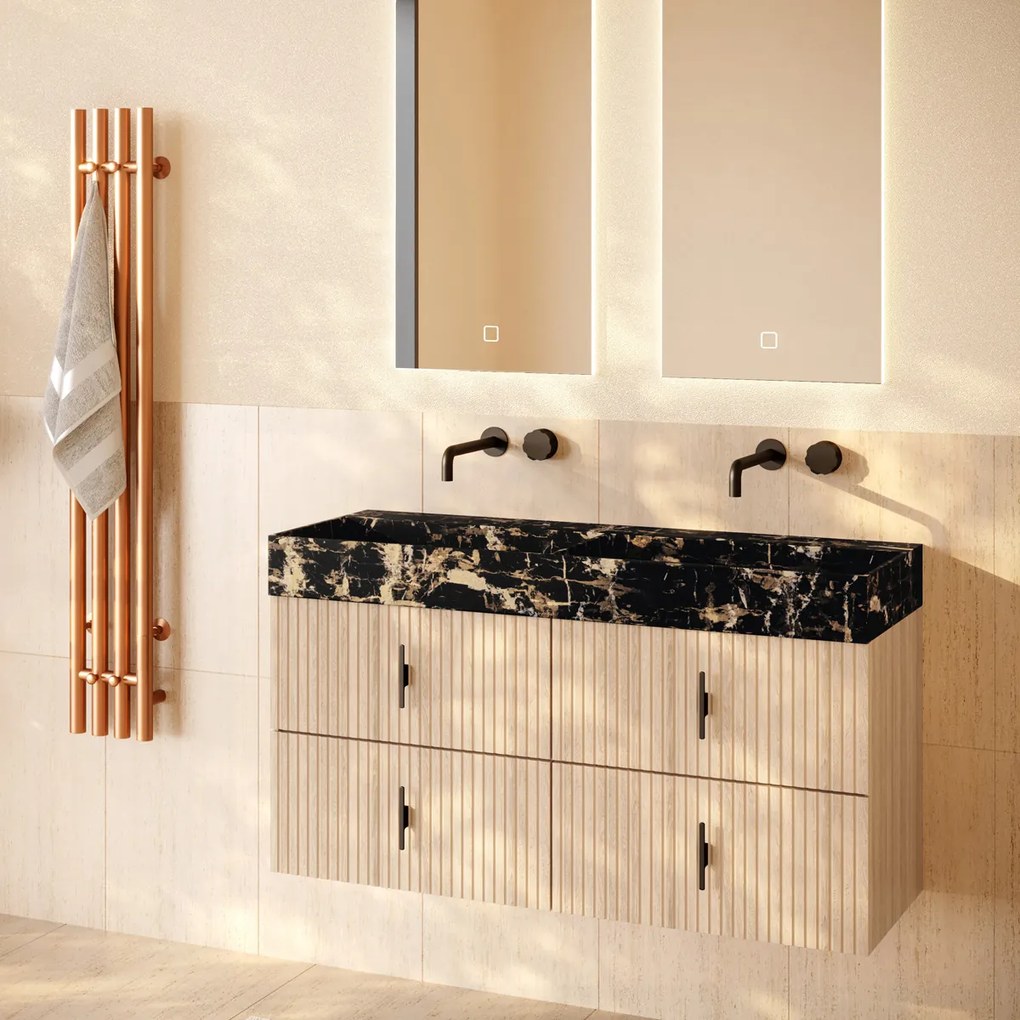 Muebles Murcia badmeubel ribbelfront 120cm naturel eiken met Portoro Gold wastafel zonder kraangaten
