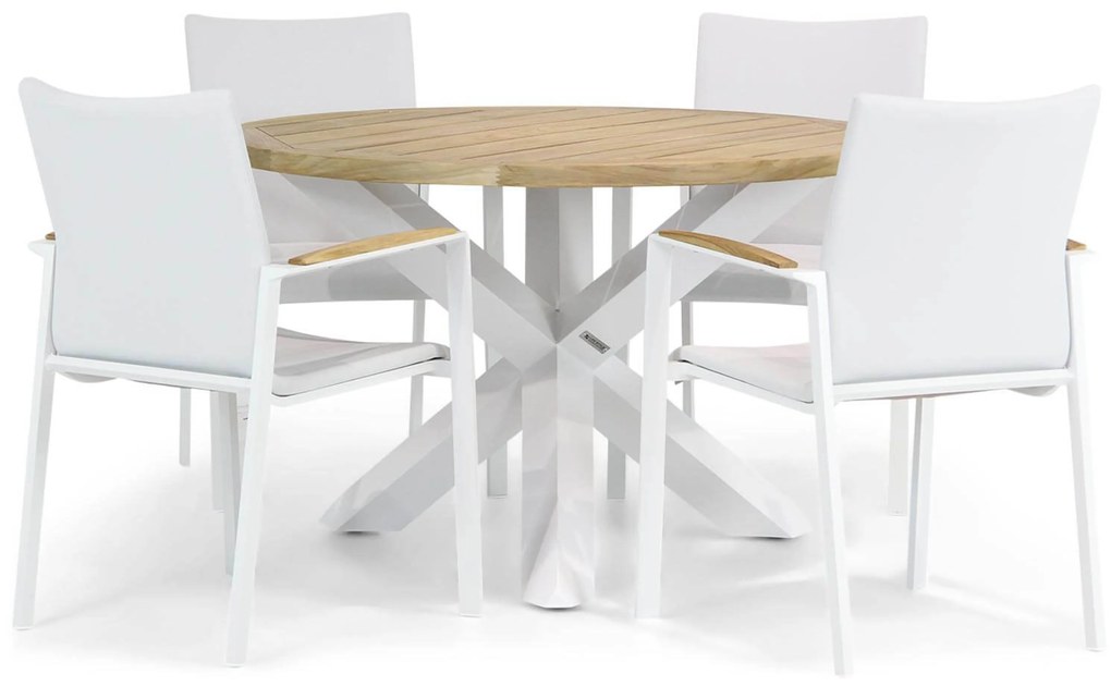 Tuinset Ronde Tuintafel 4 personen 120 cm Aluminium/teak Wit Lifestyle Garden Furniture Brandon/Wellington