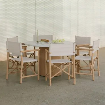 Set Van Een Ronde Tafel Ø120 Cm In Cement Sharpay En 6 Opvouwbare Regisseursstoelen Voor In De Tuin Van Acaciahout Olivia Lichte Acaciekleur - Sklum