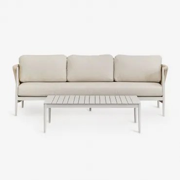 Tuinset Met 3-zitsbank In Bouclé Stof En Rechthoekige Salontafel 120x70 Cm In Sereilen Aluminium Gardenia Wit - Sklum