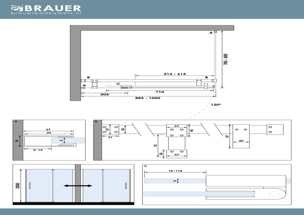 Brauer Stellar douchecabine met draaideur 100x80cm koper geborsteld PVD