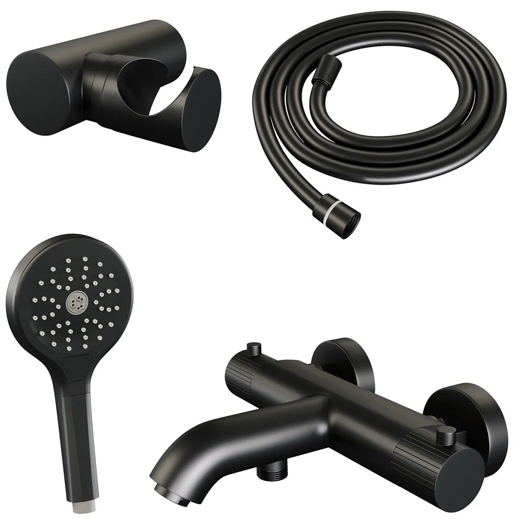 Brauer Stripe thermostatische badkraan met wandhouder en 3 standen handdouche zwart mat
