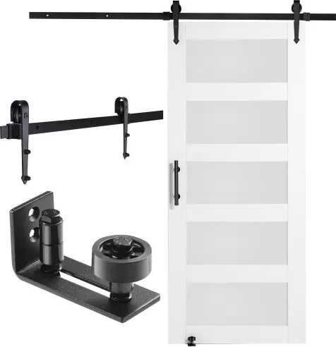 VEVOR Schuifdeur Hardware Kit, 914,4 x 2133,6 mm Hout-Glas Schuifdeur, Stille Schuurdeur Kit met 8-in-1 Vloergeleider en Deurkruk, Sparrenhouten Paneel en Matglas, Woonkamer