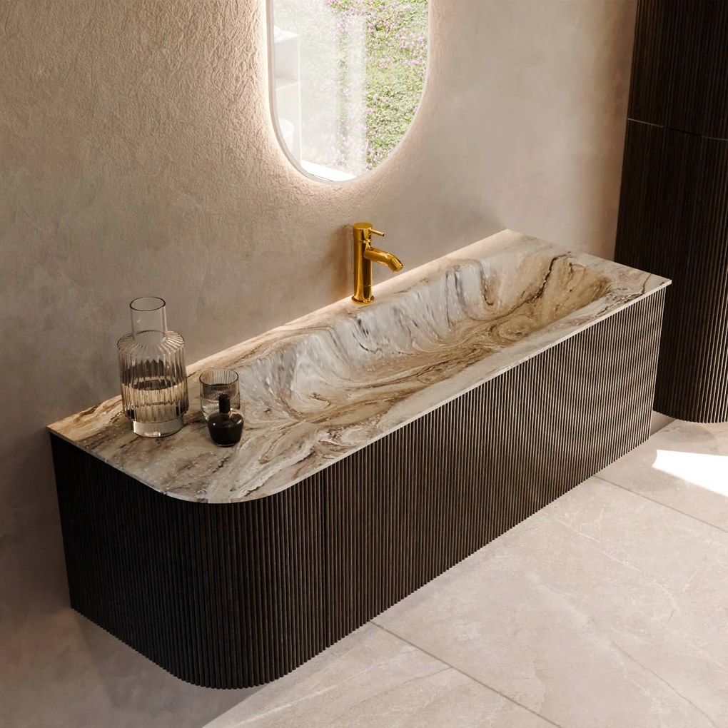 Mondiaz Kurve-dlux 135cm badmeubel ronding links shadow met 1 lade en deur en wastafel big medium kraangat rechts glace