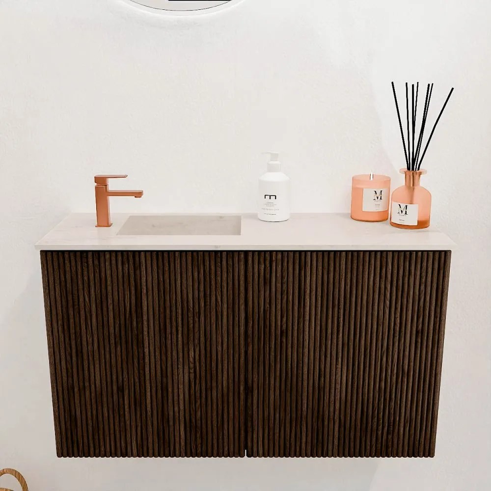 Mondiaz Joya DLux 70cm toiletmeubel walnut met wastafel faye links 1 kraangat meli