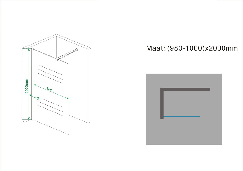 Mueller Satijn douchewand mat glas 100x200cm Anti-kalk