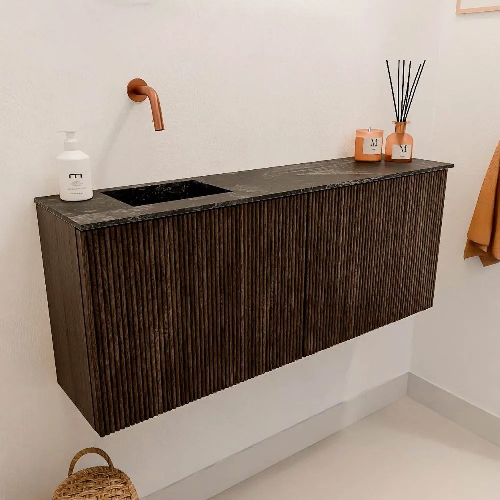 Mondiaz Joya DLux 100cm toiletmeubel walnut met wastafel faye links zonder kraangat lava