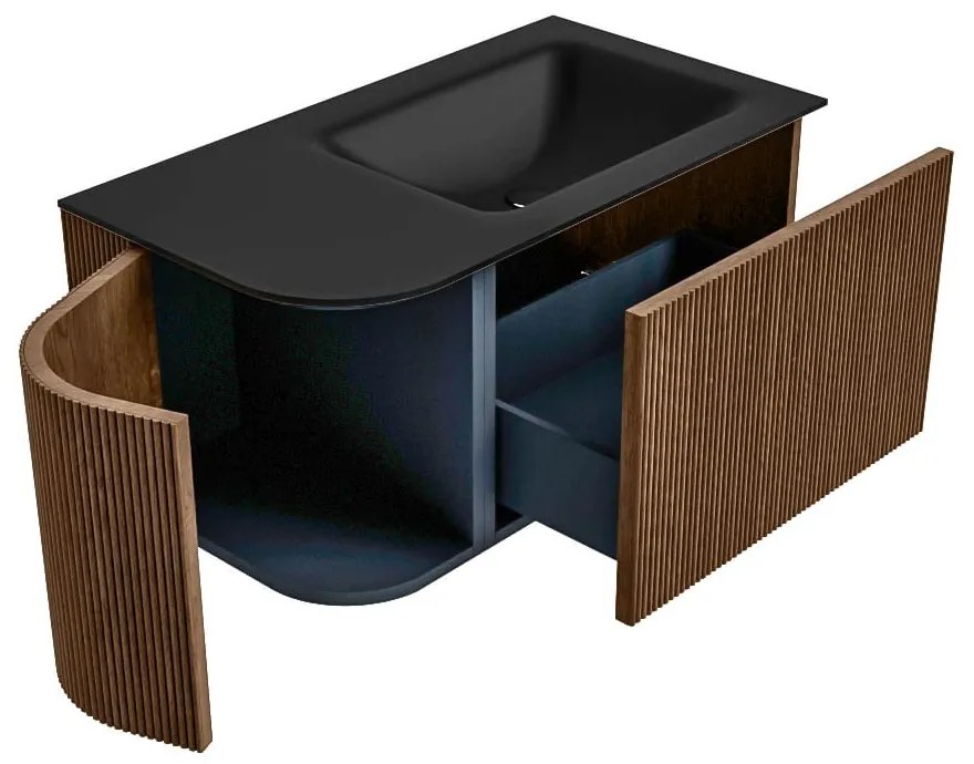 Mondiaz Kurve 85cm badmeubel ronding links walnut met 1 lade en deur en wastafel cloud rechts zonder kraangat urban
