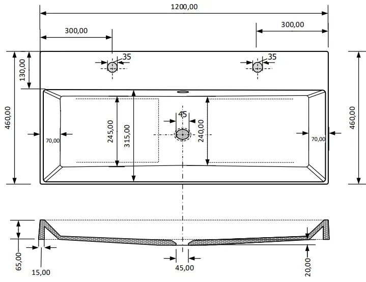 SaniGoods Kolo wastafel 120cm 2 kraangaten glans wit