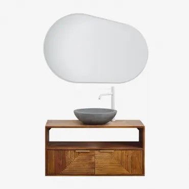 Baty Mangohouten Badkamermeubelset Mangohout & Rond Grijs Cement Ø40 Cm Tarsis & Ovaal Led En Anticondens 100x80 Cm Riben & Wit ↑30 - Sklum