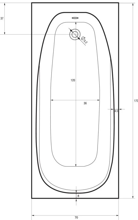 Badstuber Linea ligbad 170x70cm wit