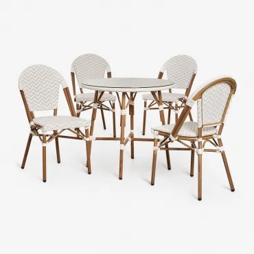 Set Ronde Tafel Ø80 Cm En 4 Stapelbare Eetkamerstoelen In Aluminium Brielle Bistro Naakt Beige - Gardenia Wit - Sklum