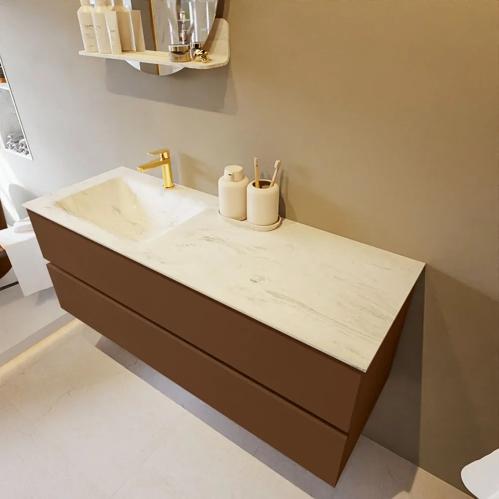 Mondiaz Vica DLux badmeubel 130cm rust 2 lades met wastafel opalo links 1 kraangat