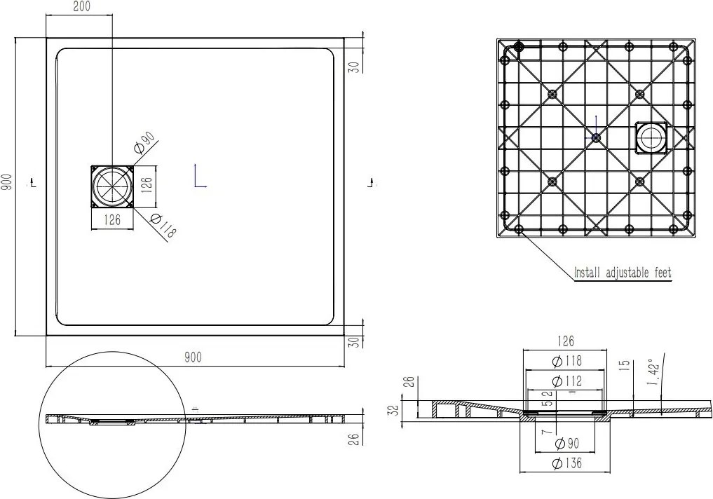 Saniclear Naxos SMC douchebak stone-look 90x90cm beige mat