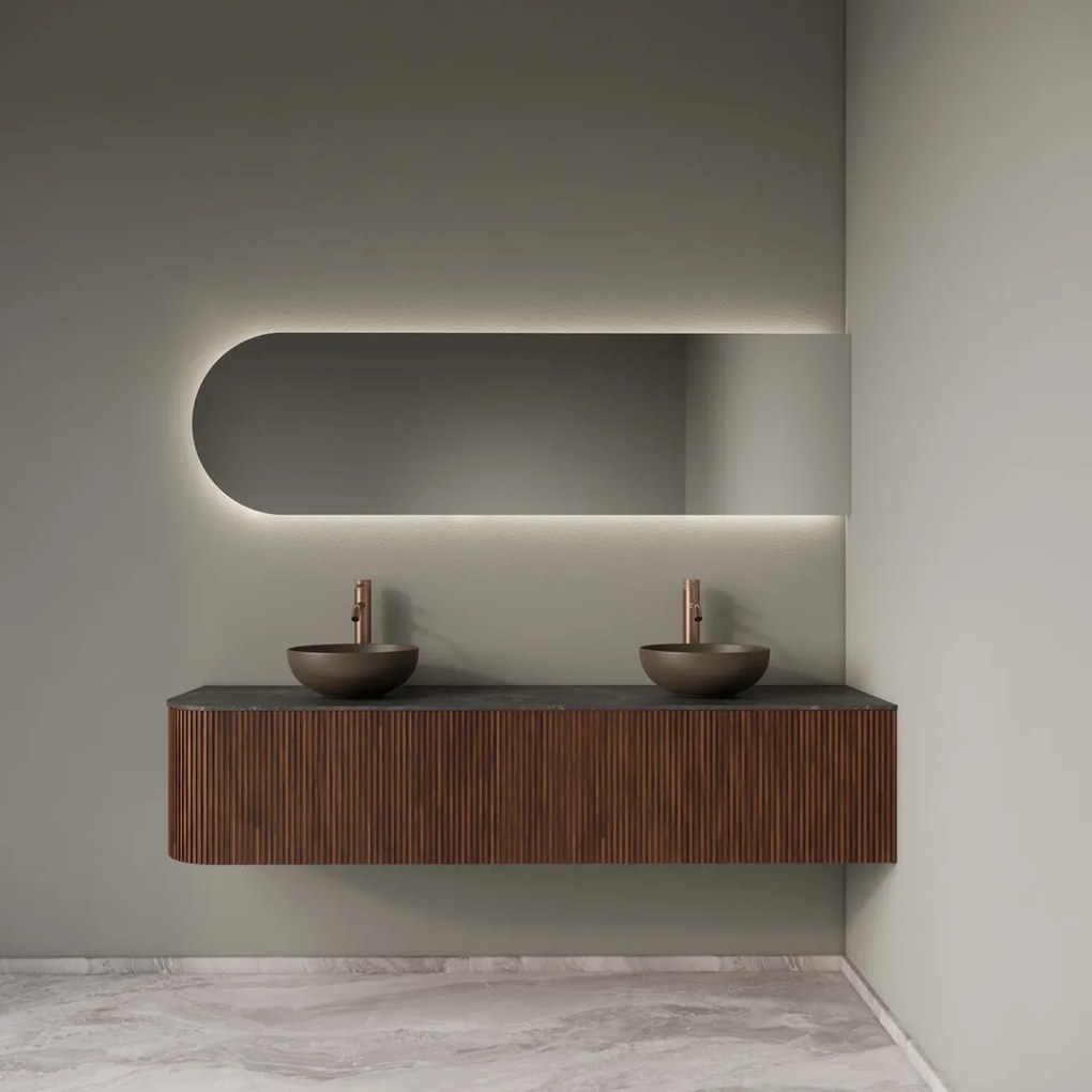 Gliss Design Alluro badmeubel ribbelfront met ronding links 180cm walnut en zwart leisteen toppaneel