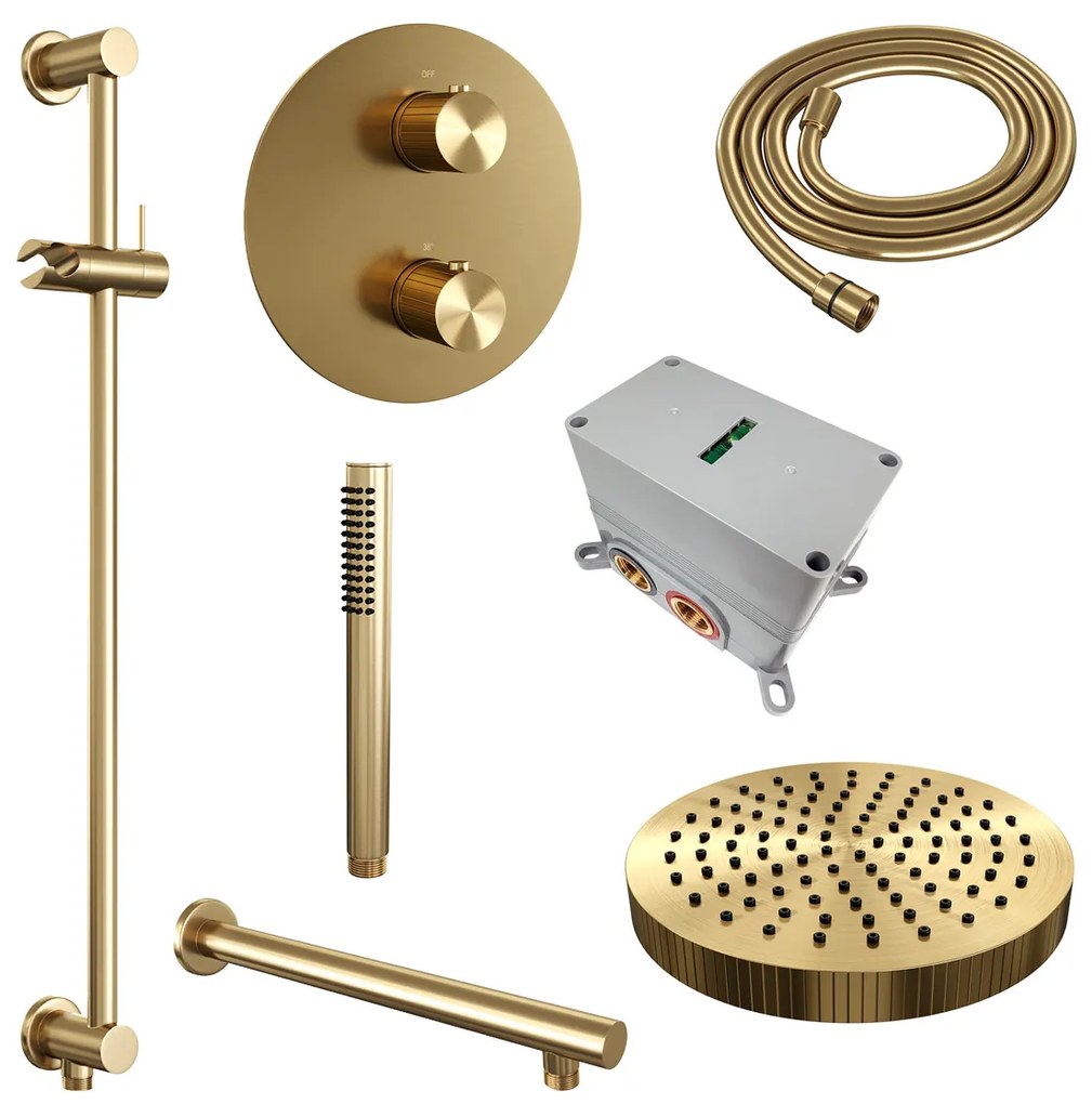 Brauer Stripe inbouw regendouche rond met 25cm hoofddouche, rond met rechte muurarm, glijstang en staafhanddouche set 43 messing geborsteld PVD