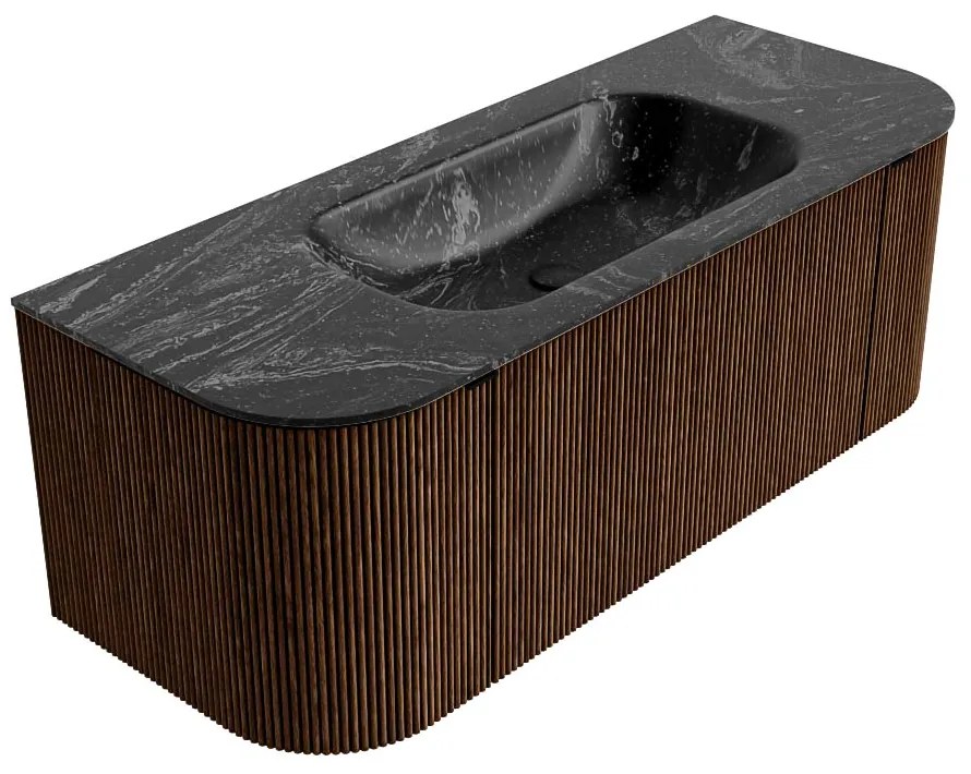 Mondiaz Kurve-dlux 120cm badmeubel ronding links/rechts walnut met 1 lade en 2 deuren en wastafel big small midden 1 kraangat lava