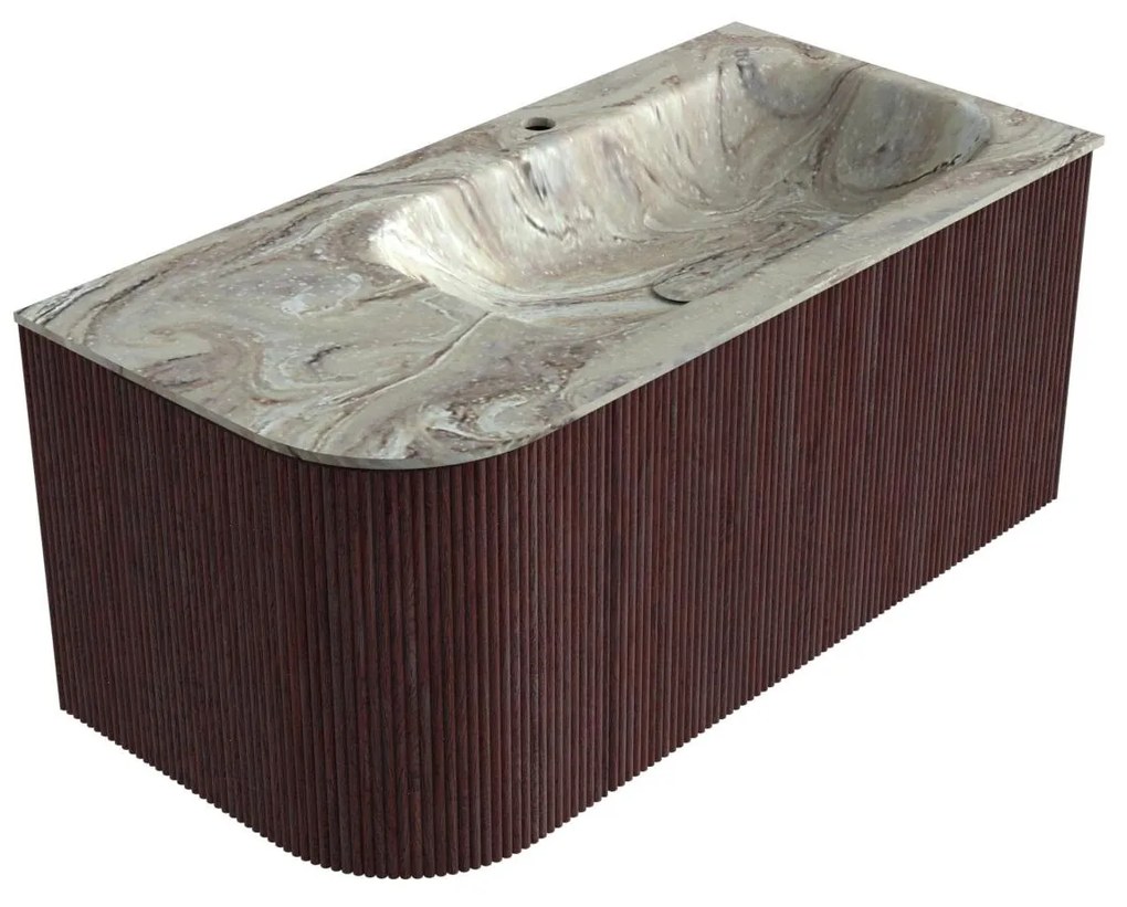 Mondiaz Kurve-dlux 95cm badmeubel ronding links ruby met 1 lade en deur en wastafel big small kraangat rechts glace