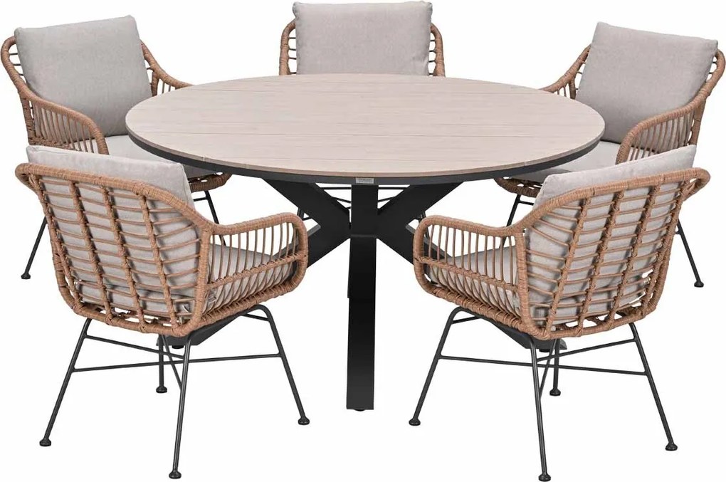 Garden Impressions Lucas tuinset bruin 6-delig - Tulli tuintafel light teak look Ø148 cm