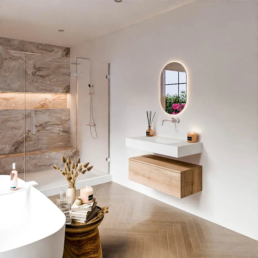 Zaro Alan badmeubel 90cm washed oak 1 lade met vrijhangende wastafel cloud midden zonder kraangat talc