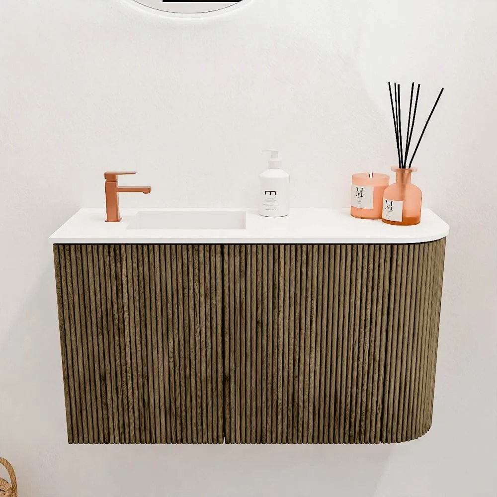Mondiaz Joya 70cm toiletmeubel ronding rechts dusk met wastafel faye links 1 kraangat talc