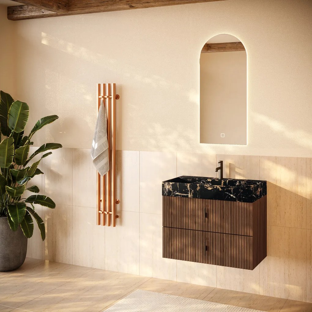 Muebles Murcia badmeubel ribbelfront 80cm walnoot met Portoro Gold wastafel met kraangat