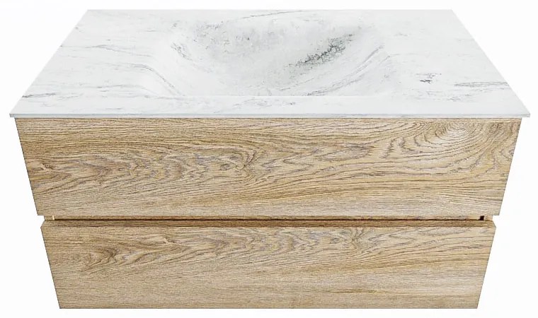 Mondiaz Vica DLux badmeubel 90cm washed oak 2 lades met wastafel opalo midden 1 kraangat