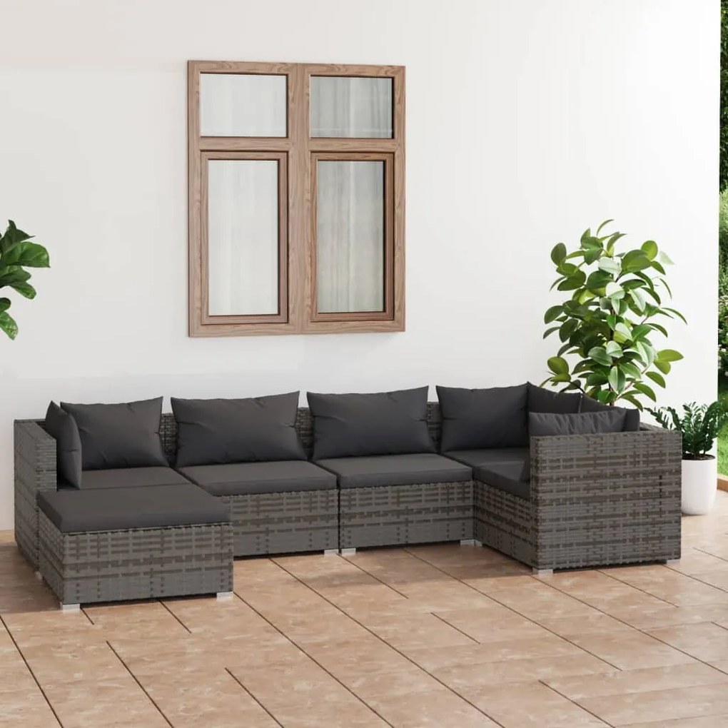 vidaXL 6-delige Loungeset met kussens poly rattan grijs