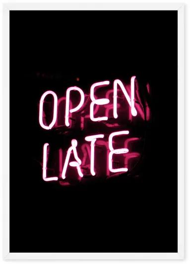 Open Late Neon Typography A1, ingelijst print, zwart en roze