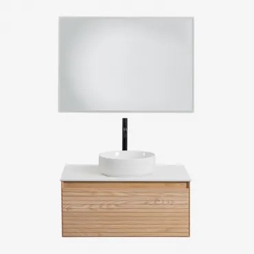 Tedrik Zwevend Badkamermeubelset 80x50 Cm In Essenhout Ash Brown & Rond Keramiek Wit Ø40 Cm Lenka & Rechthoekige Led En Anticondens 100x70 Cm Riben -