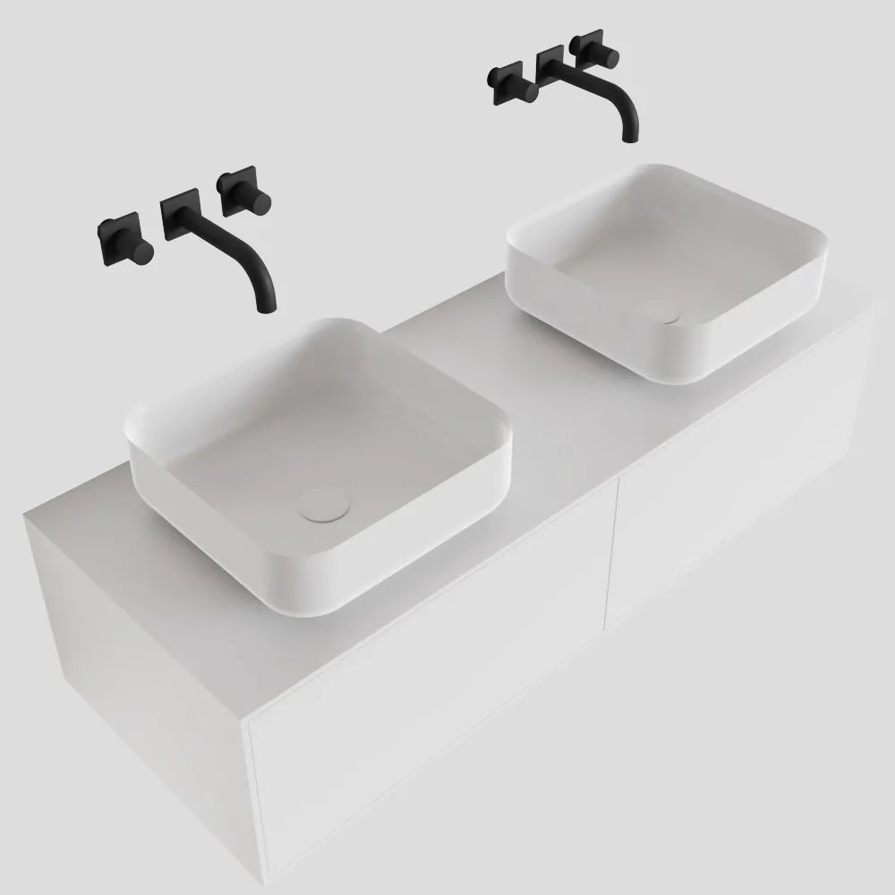 Zaro Lagom volledig naadloos solid surface onderkast met topblad 120cm mat wit met 2 lades Push tot open. Compleet met solid surface opzetkom met 0 kraangat(en)