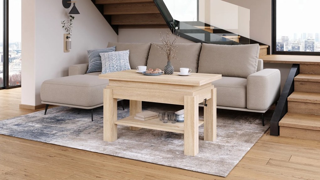 BRAVO sonoma eiken – uitschuifbare en in hoogte verstelbare salontafel, tafel met plank